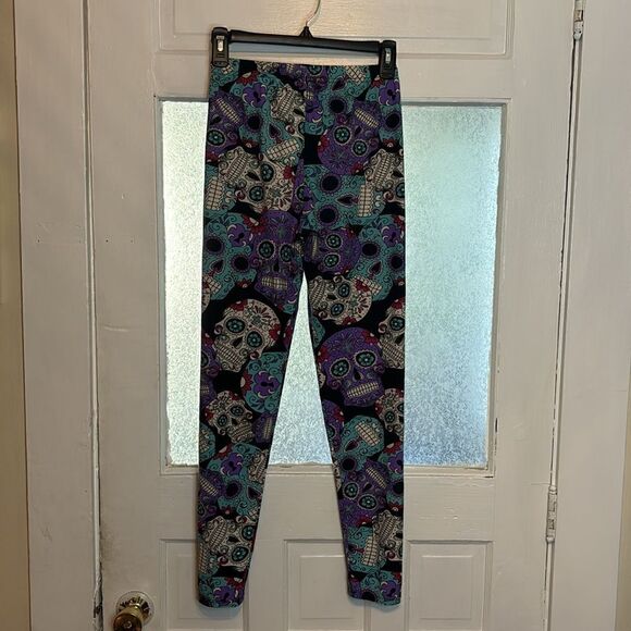 Women’s Colorful Multicolored Dio de Los Muertos Sugar Skull Leggings OS - Picture 6 of 6